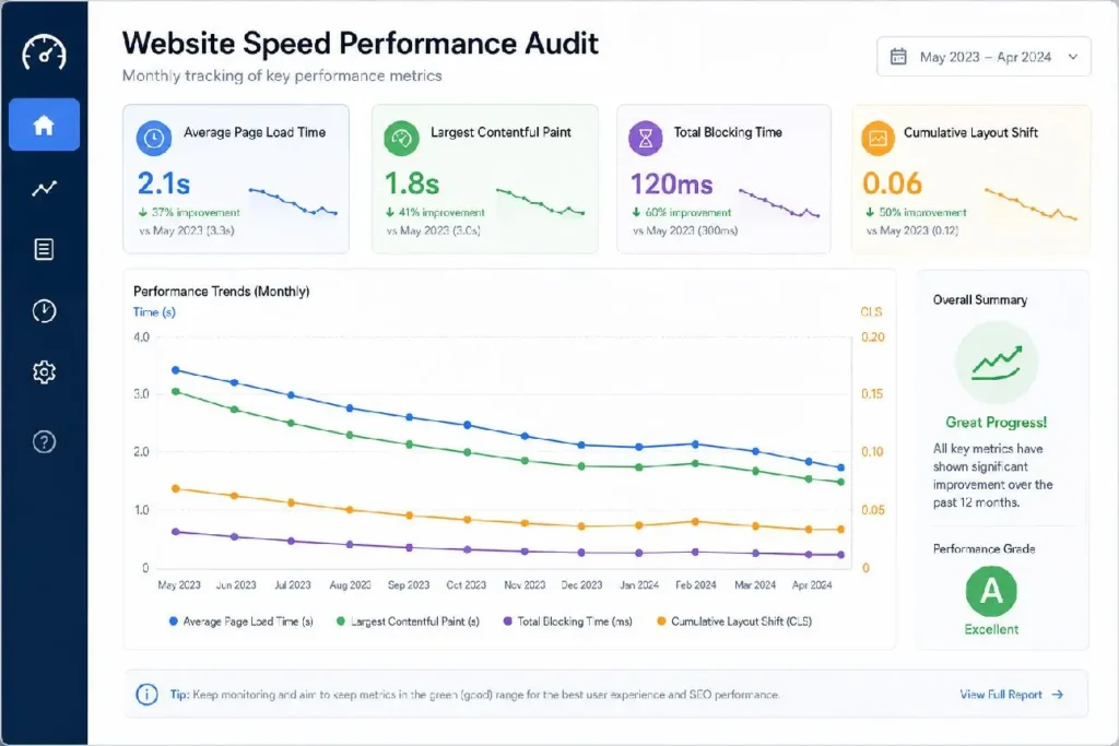 Website performance optimisation dashboard showing improved speed, stability and Core Web Vitals