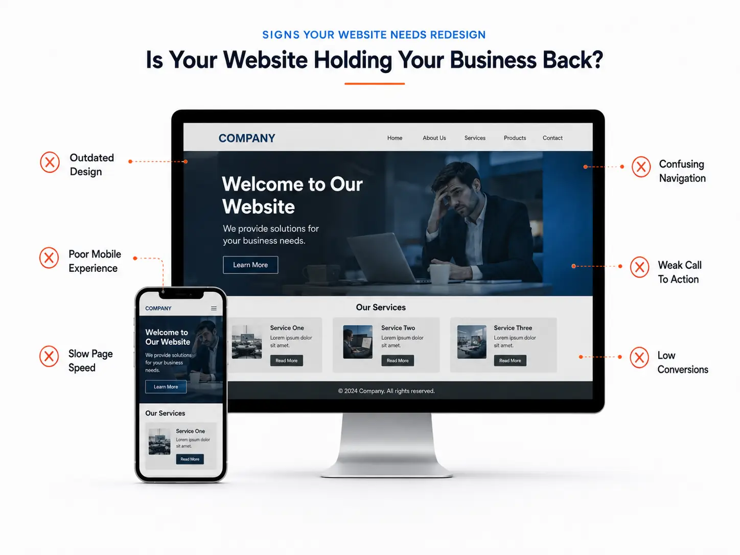 Outdated business website showing common website redesign problems