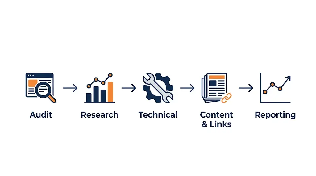 Five-stage SEO process diagram showing audit, keyword research, technical fixes, content and link building, and monthly reporting steps in sequence