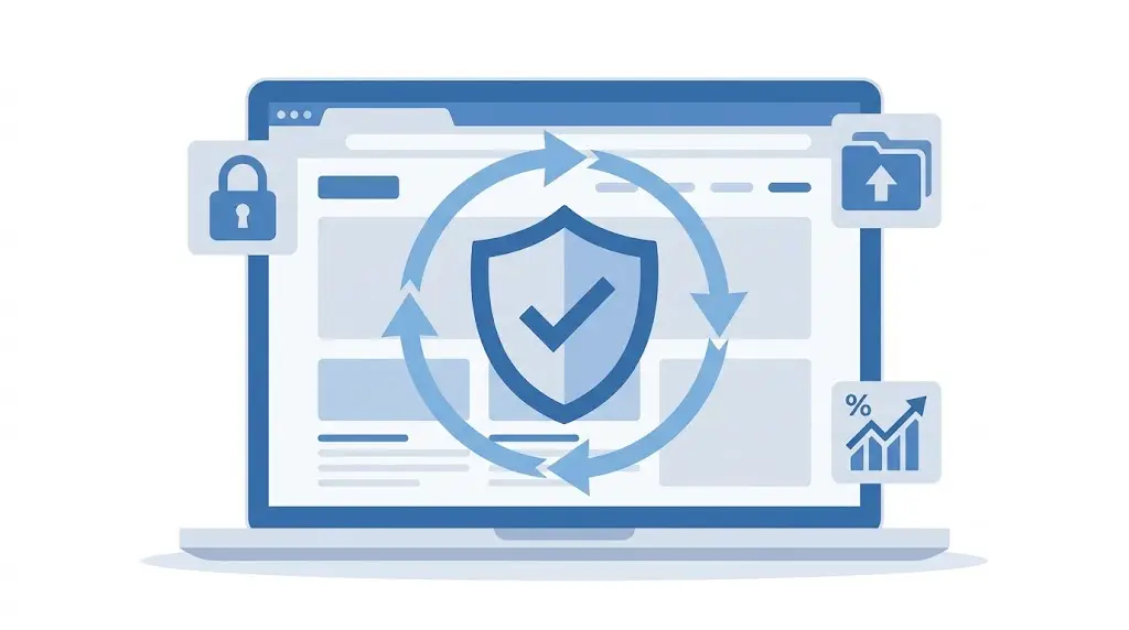 Illustration of a website displayed on a laptop with a shield and update icons representing ongoing website repair and maintenance protection