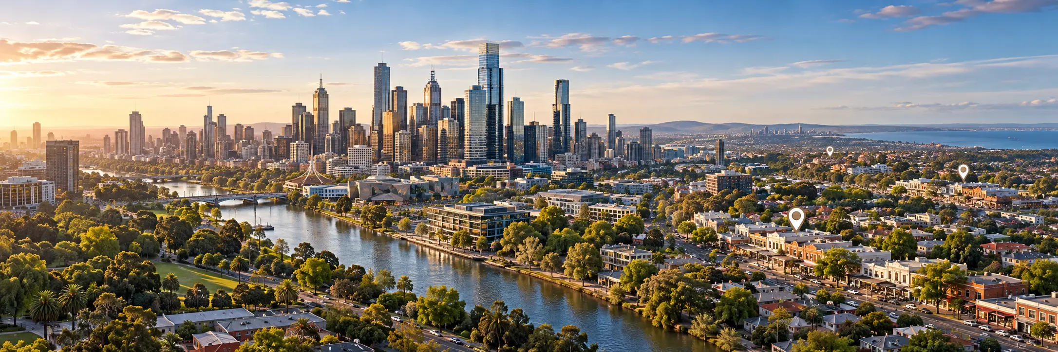 Illustration of Melbourne skyline and surrounding suburbs with location markers