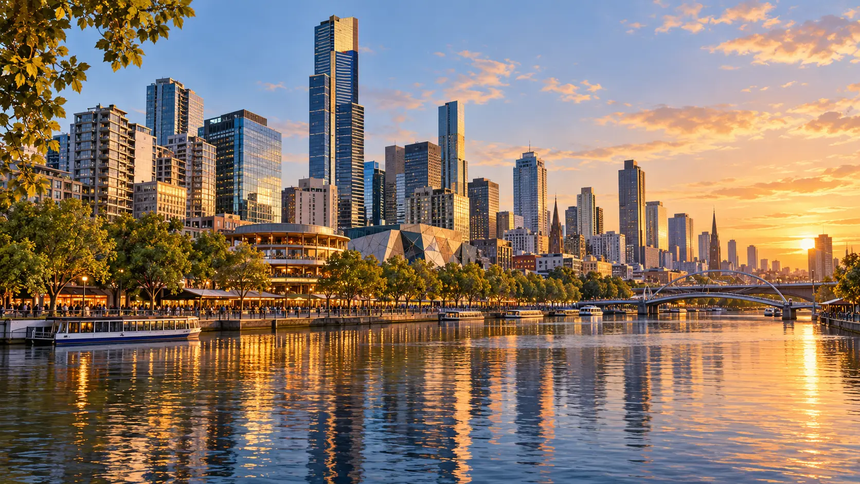Melbourne skyline and Yarra River at sunset