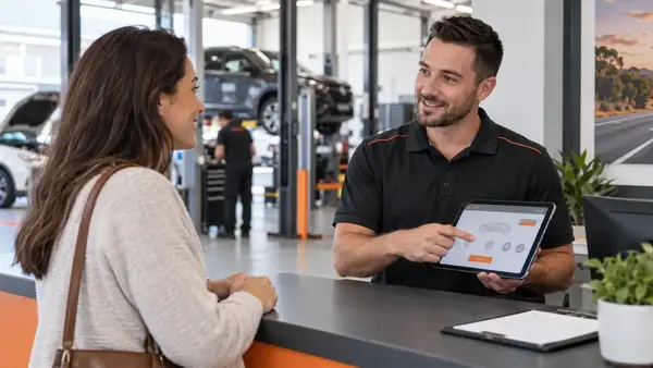 Auto repair website customer journey with service adviser and vehicle owner