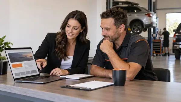 Auto repair web design consultation with a repair shop owner