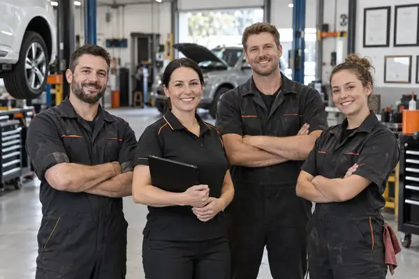 Repair shop team and trust signals for an auto repair website