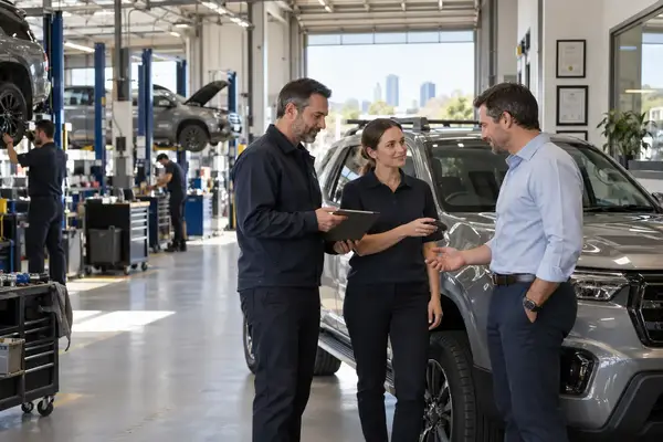Automotive workshop team and trust signals presented on a website