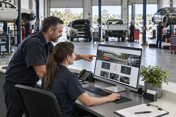 Automotive workshop website design displayed in a modern Australian service centre