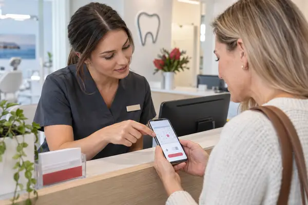 Dental receptionist helping a patient book an appointment on a mobile phone