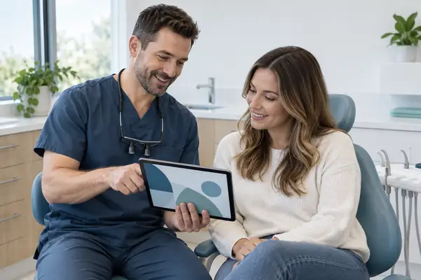 Dentist reviewing information with a patient on a tablet