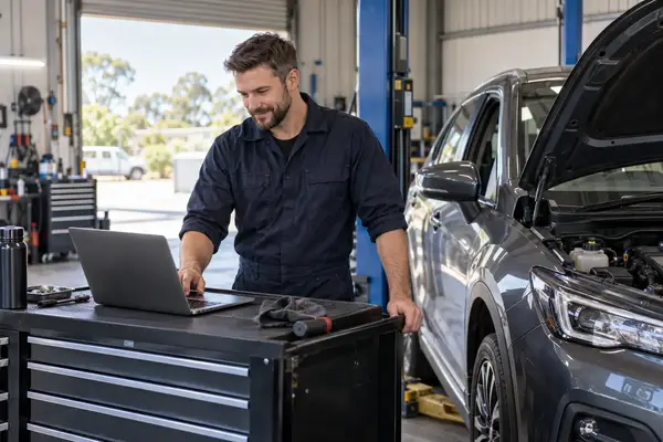 Mechanic website design displayed beside an Australian mechanical workshop