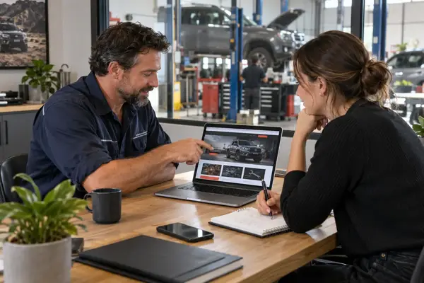 Mechanic discussing website requirements with a web design specialist
