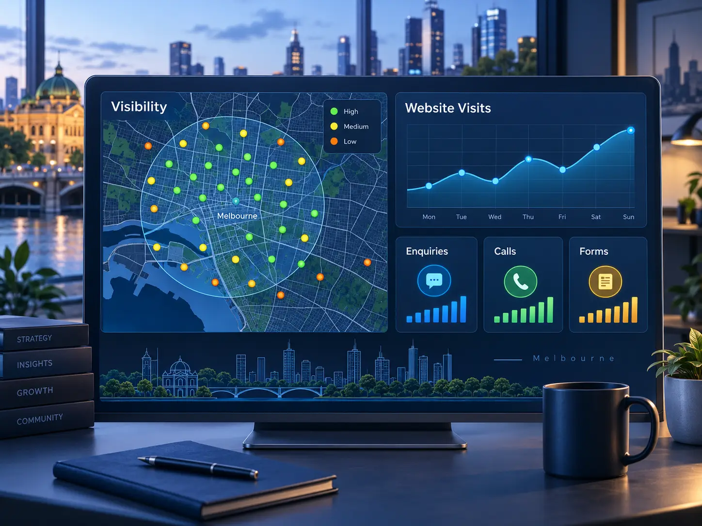 Example dashboard for a local SEO specialist in Melbourne tracking visibility and enquiries