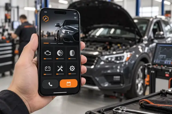 Mobile-friendly auto repair website displayed beside a vehicle