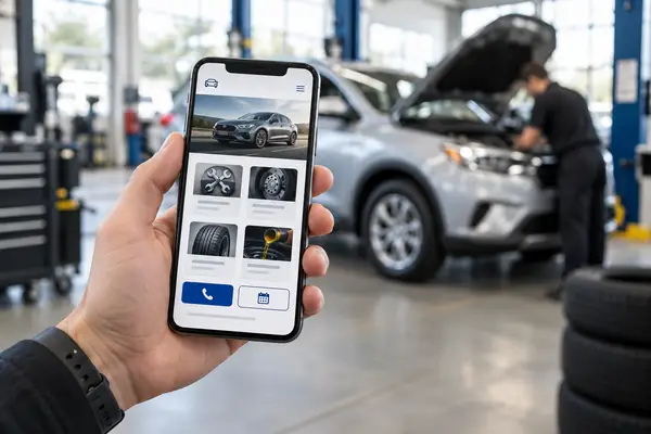 Mobile-friendly automotive website displayed beside a vehicle