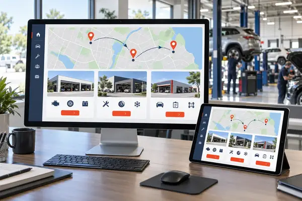 Multi-location automotive workshop website with location selection