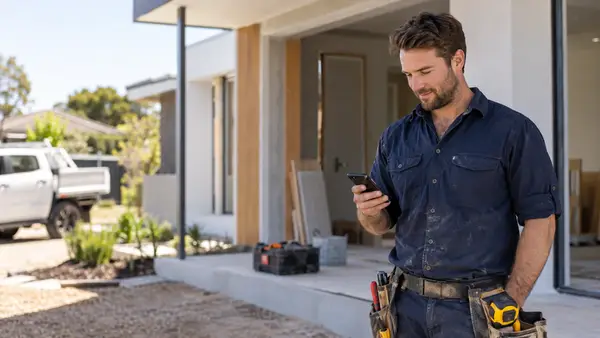 Australian tradesperson checking website enquiries on a mobile phone