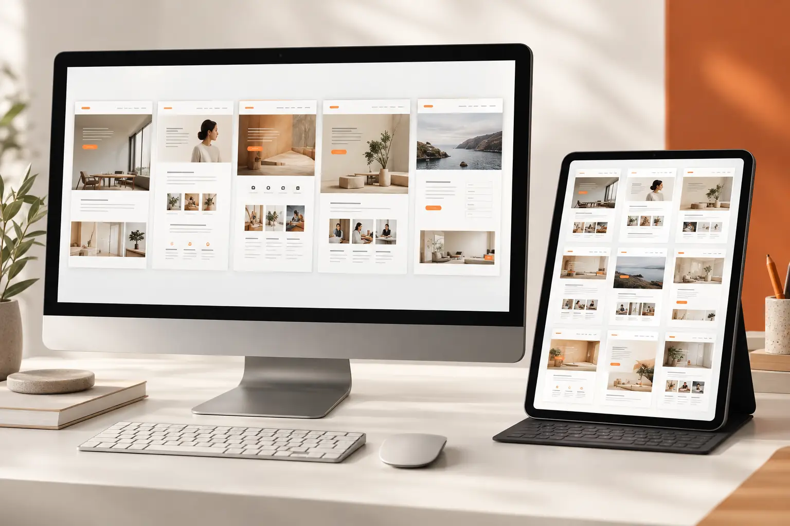 Corporate web design Melbourne concept showing service pages and team profiles on desktop and tablet