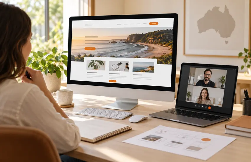 Website concept on a desktop monitor beside a laptop video call, illustrating online project collaboration.