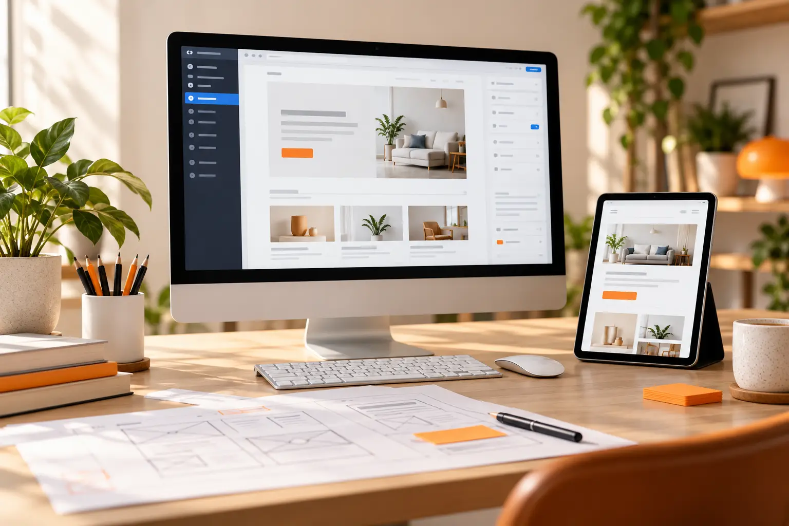 Website content editor on a desktop monitor beside a tablet preview for WordPress web design Melbourne.