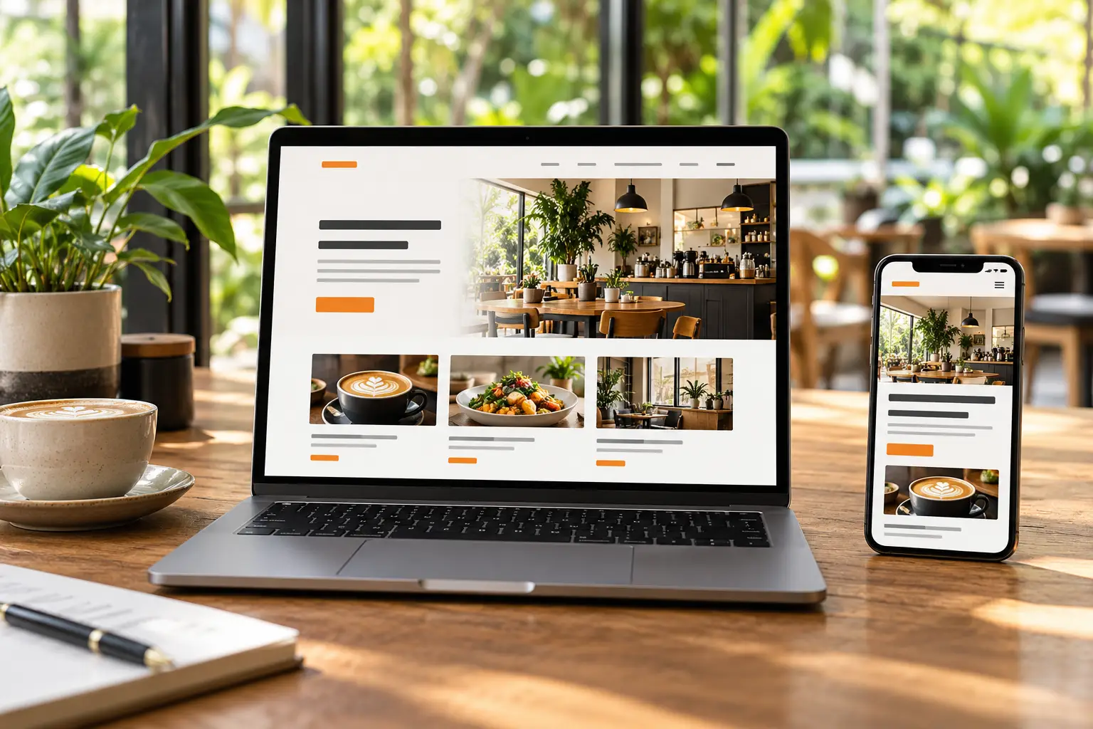 Small business website design Brisbane concept showing a café website on a laptop and smartphone beside coffee and leafy greenery.