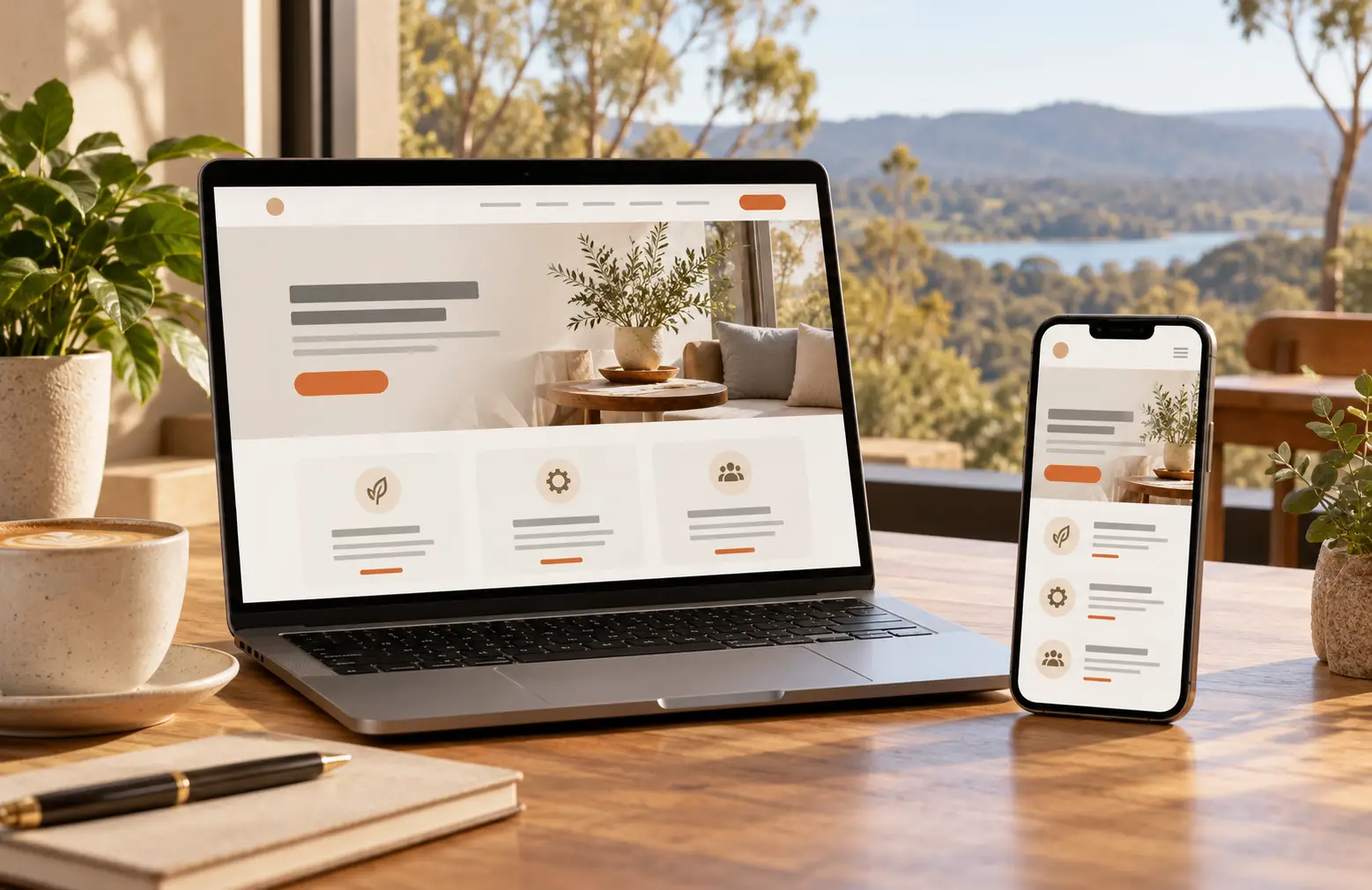Small business website design Canberra concept showing matching website layouts on a laptop and smartphone beside a café window overlooking bushland.