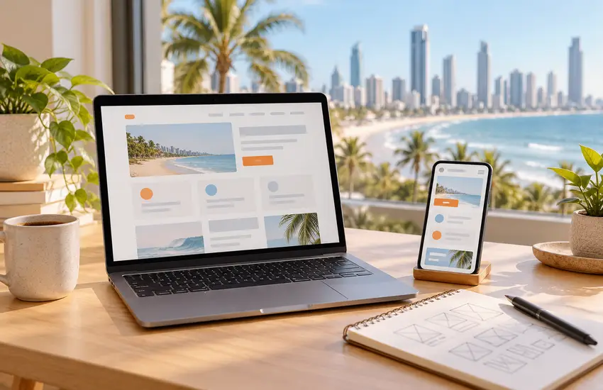 Laptop and smartphone showing website layout concepts beside a notebook, with a coastal skyline beyond the window.