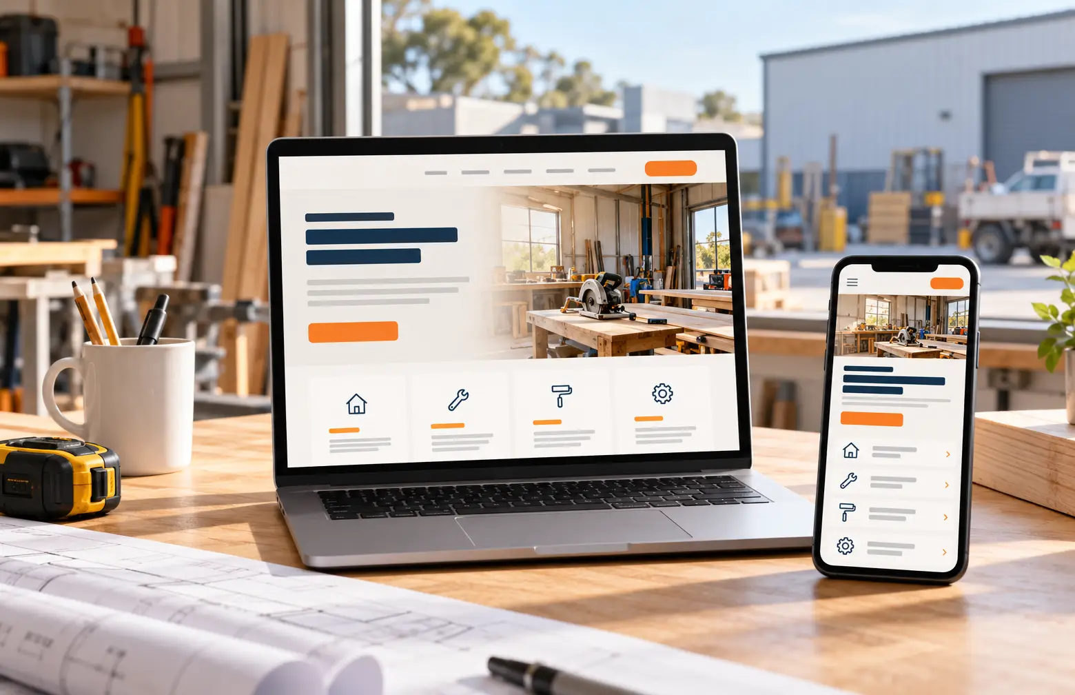 Concept trade-services website displayed on a laptop and smartphone beside workshop plans and a tape measure, illustrating tradie websites Dandenong businesses can commission.