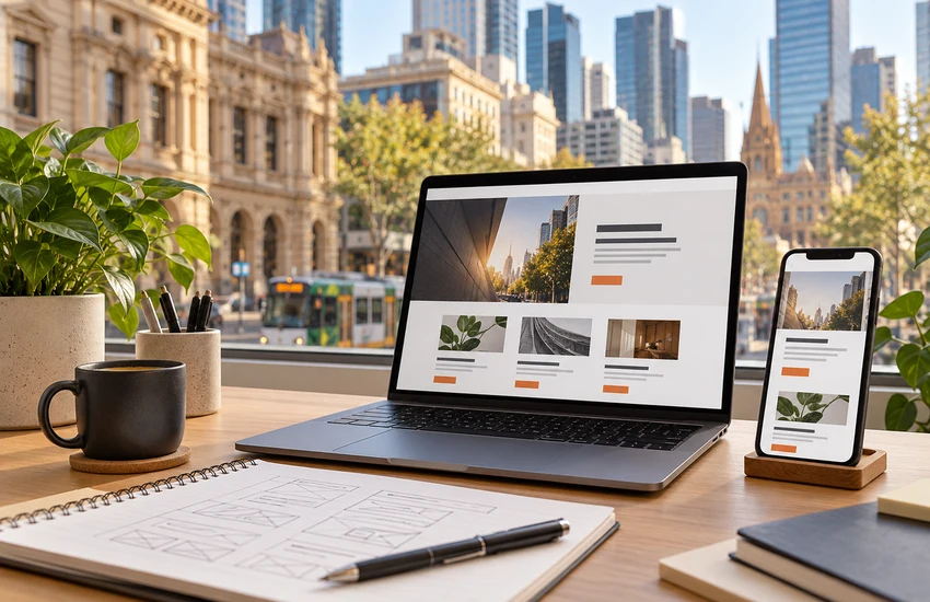 Web design Melbourne CBD concept showing a café website on a laptop and smartphone.