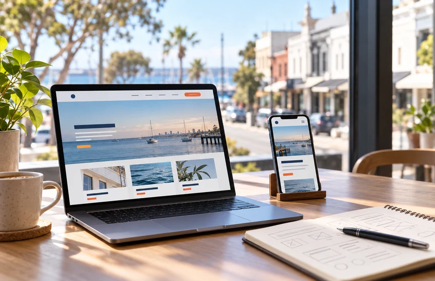 Web design Port Melbourne concept showing a business website on a laptop and smartphone in a café setting.