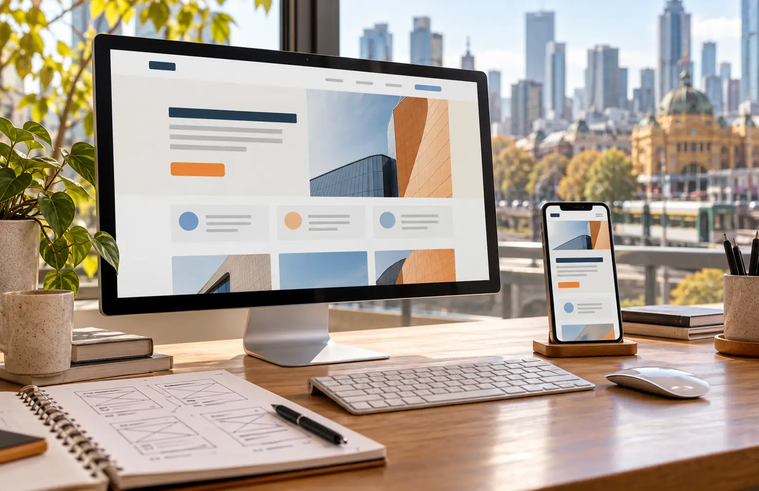Desktop monitor and smartphone displaying website layout concepts beside planning notes, with Melbourne city buildings outside.