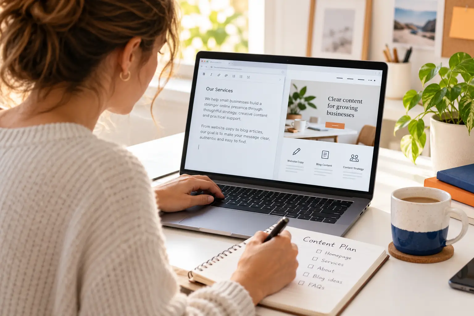 Business owner drafting website service content on a laptop beside a handwritten content plan.
