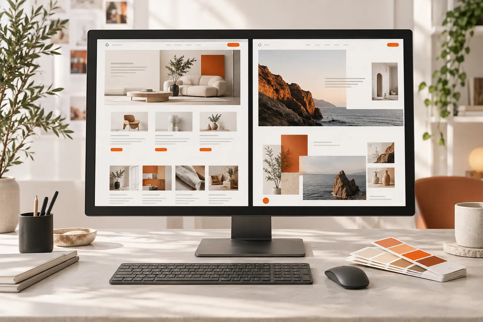 Two website design concepts displayed side by side on a desktop monitor
