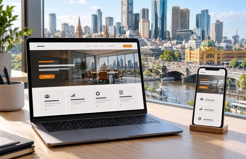 Business website displayed on devices overlooking Melbourne’s skyline