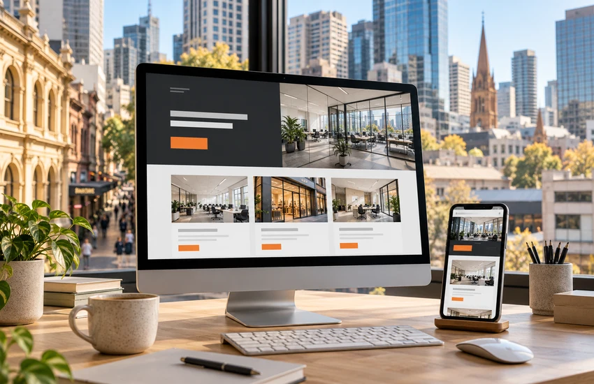 Desktop website preview beside a laptop video call for a Melbourne CBD project discussion.