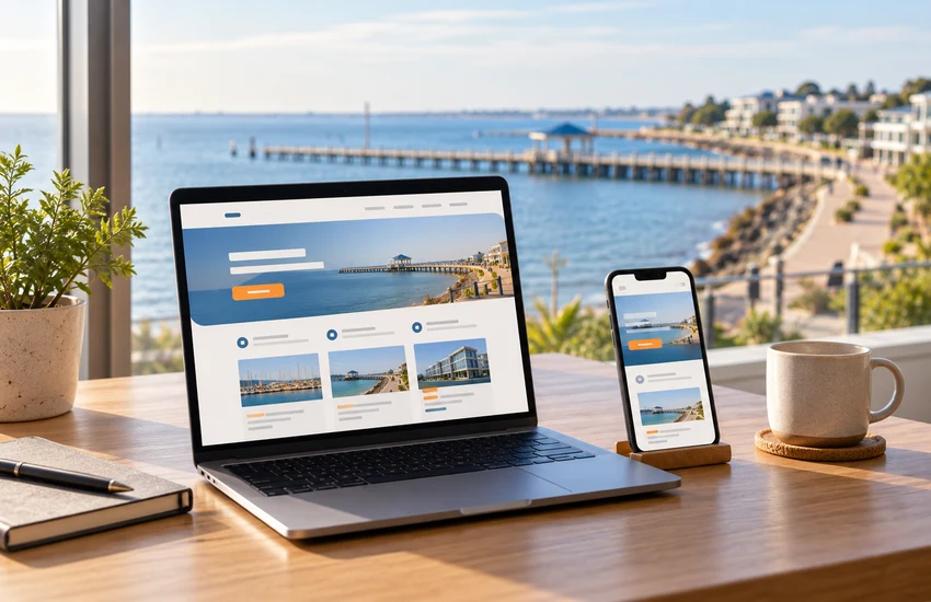Port Melbourne web design concept showing a responsive business website on a laptop and smartphone beside a waterfront.