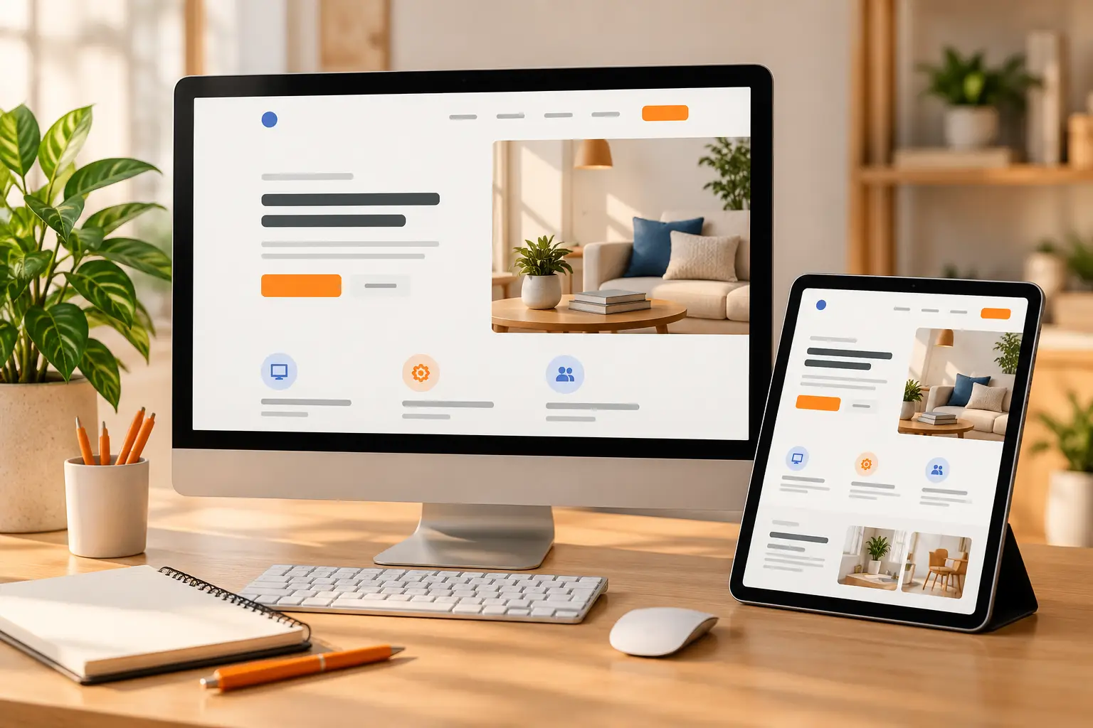 Website design Brisbane concept showing responsive business layouts on a desktop monitor and tablet.