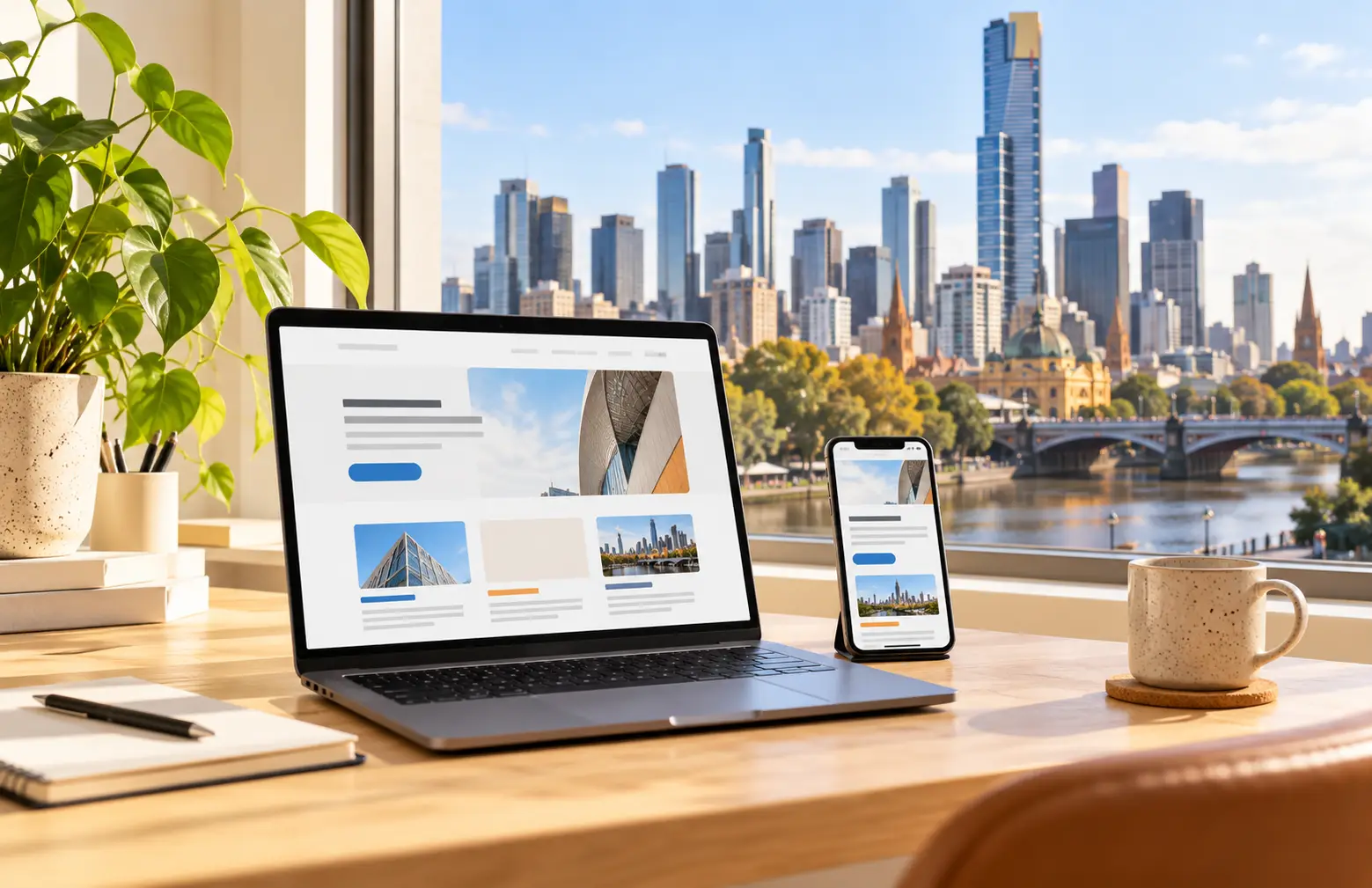 Laptop and smartphone displaying website layout concepts with the Melbourne skyline and Yarra River in the background.