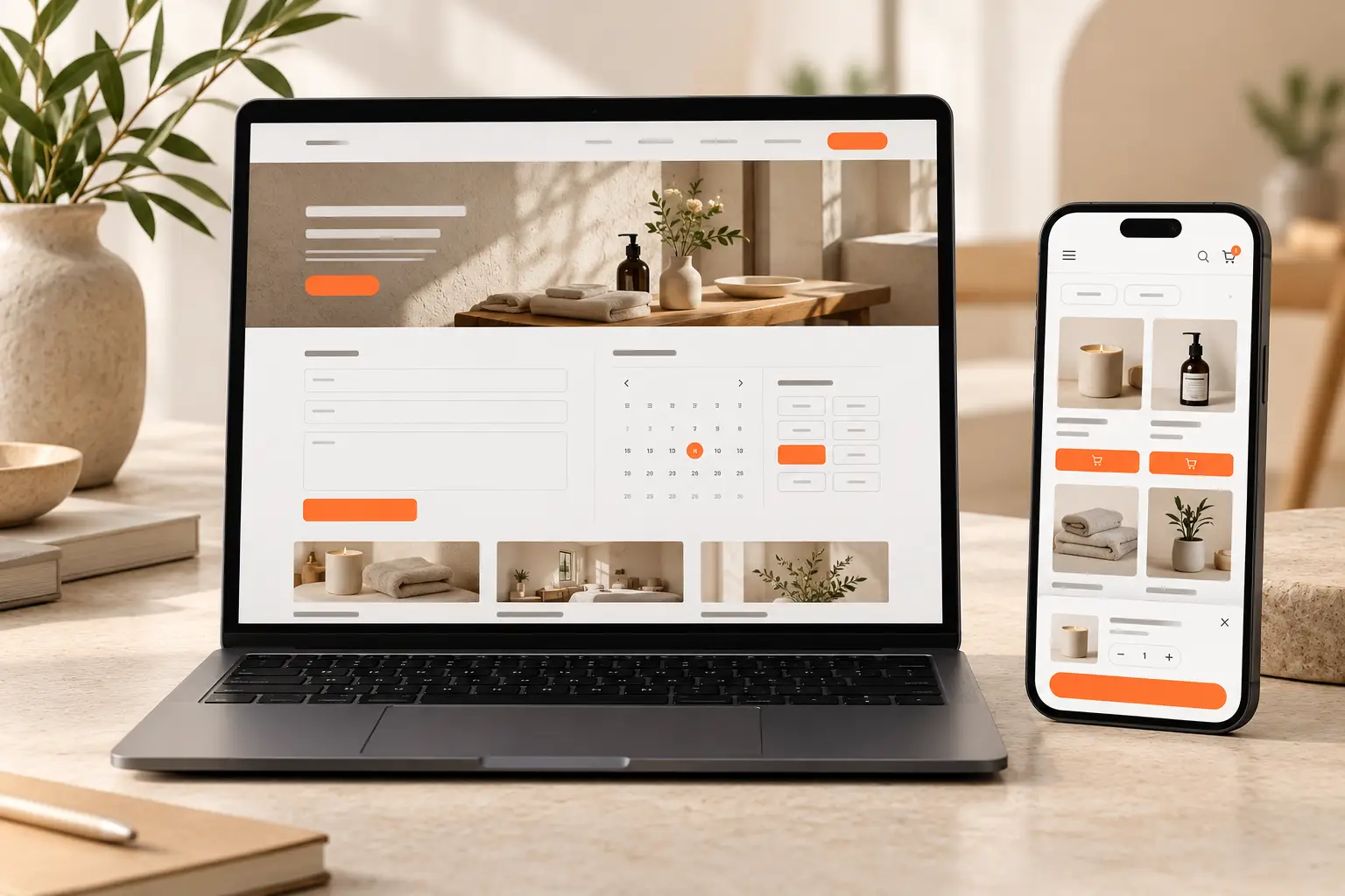 Website concept with contact form, booking calendar and online store