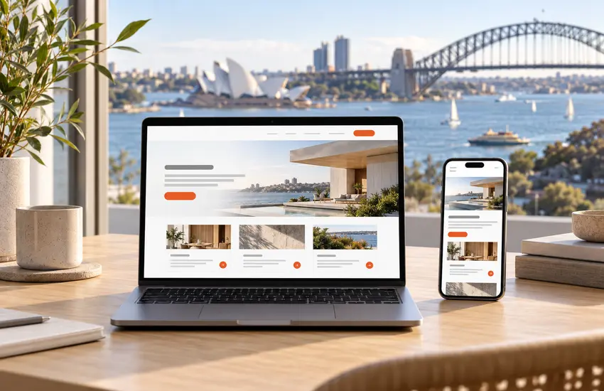 Website concept on a laptop and smartphone overlooking Sydney Harbour and the Harbour Bridge.