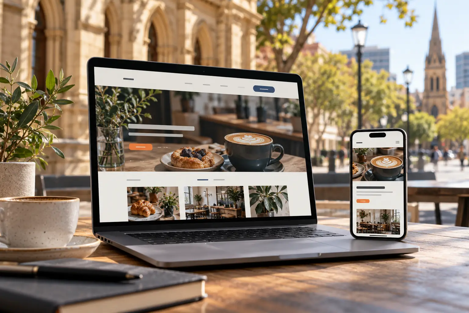 Small business website design Adelaide concept showing a café website on a laptop and phone beside a sandstone streetscape.