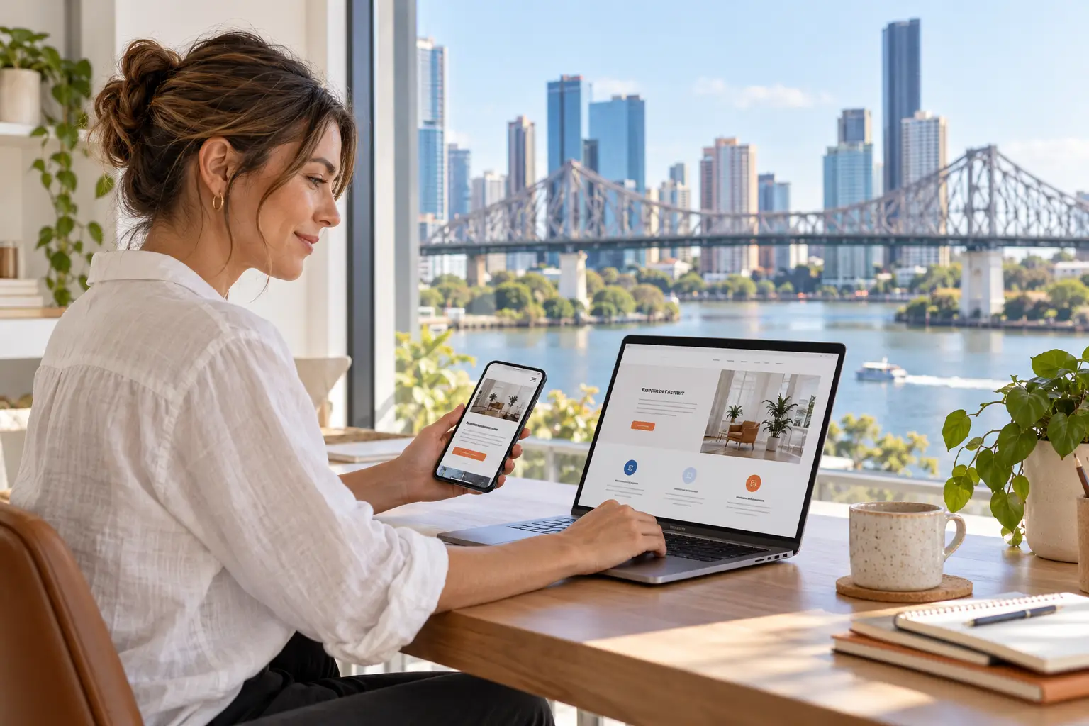Website concept on a desktop monitor and tablet overlooking Perth’s Elizabeth Quay.