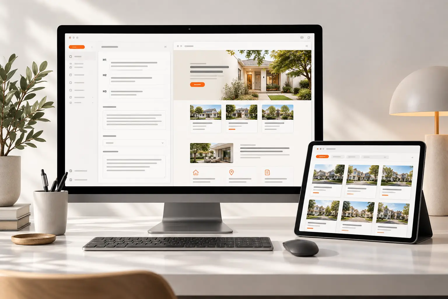 Desktop content editor beside a tablet website preview for SEO and content planning.