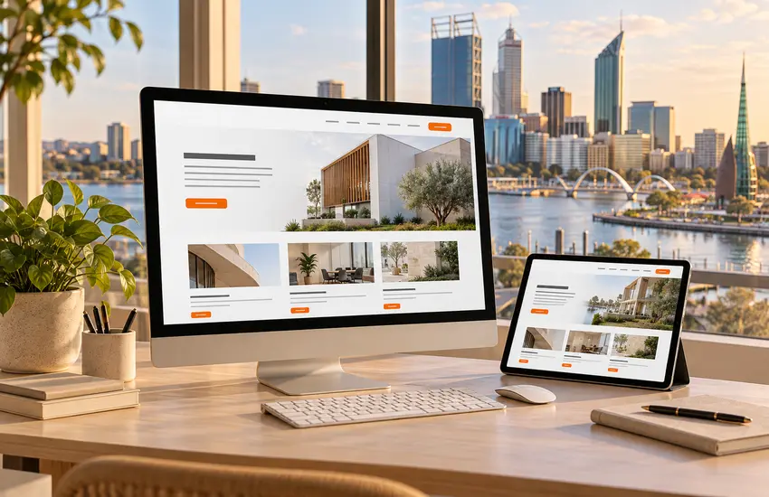Business website displayed on devices overlooking Melbourne’s skyline