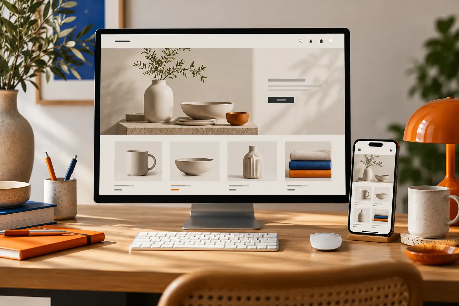 eCommerce website design Adelaide concept showing a homewares product catalogue on a desktop monitor and smartphone.