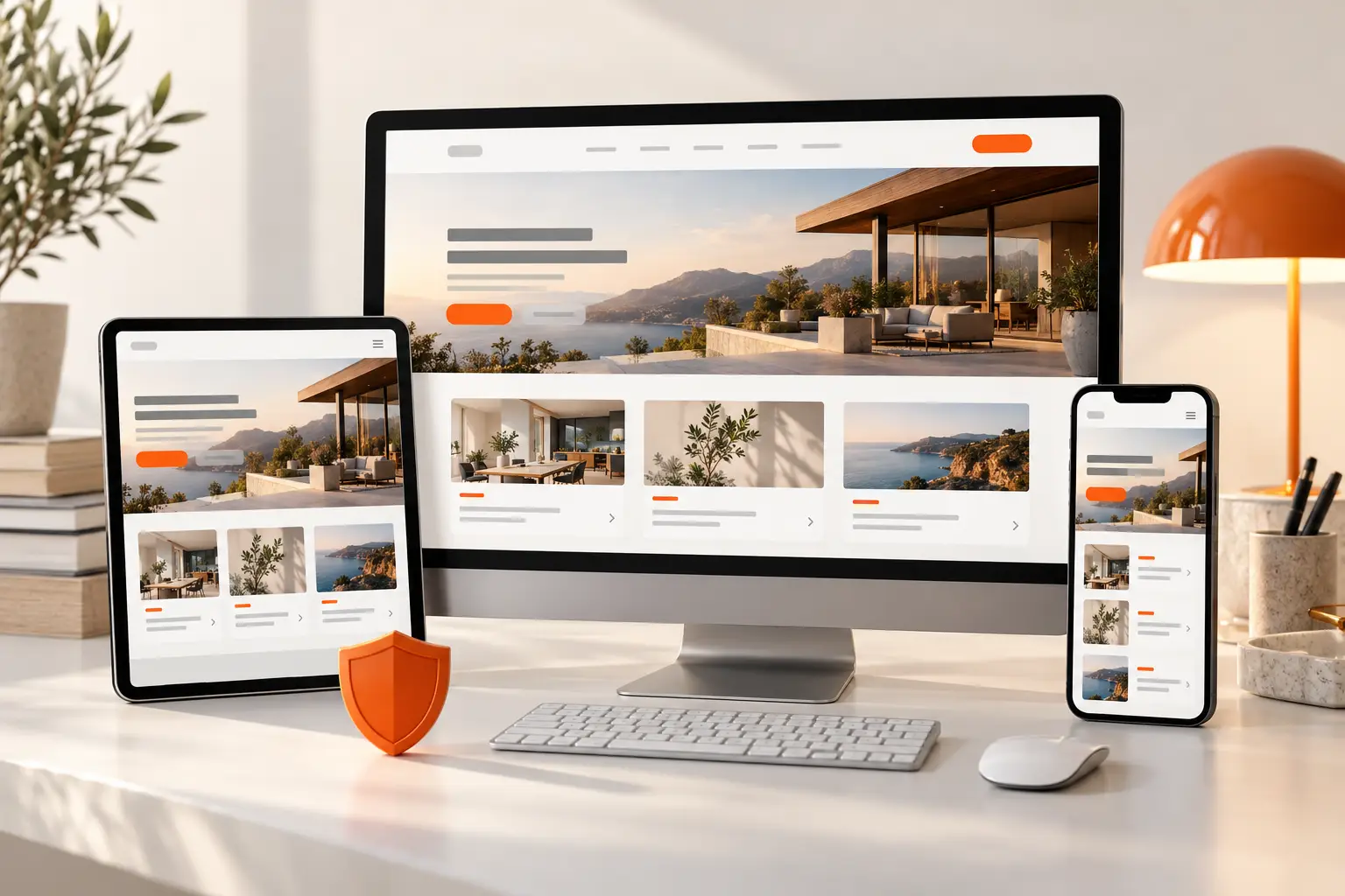 Responsive website on desktop, tablet and smartphone with a security shield