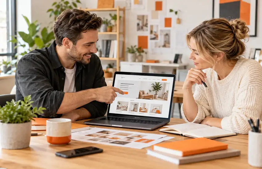 Two people reviewing website layouts on a laptop during a web design Adelaide consultation.