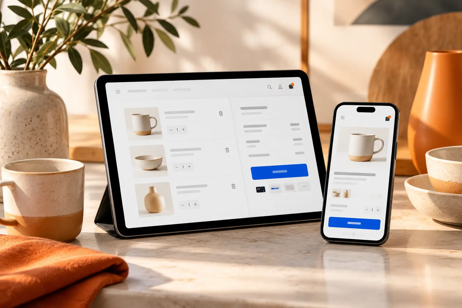 Online shop basket and checkout concepts displayed on a tablet and smartphone.