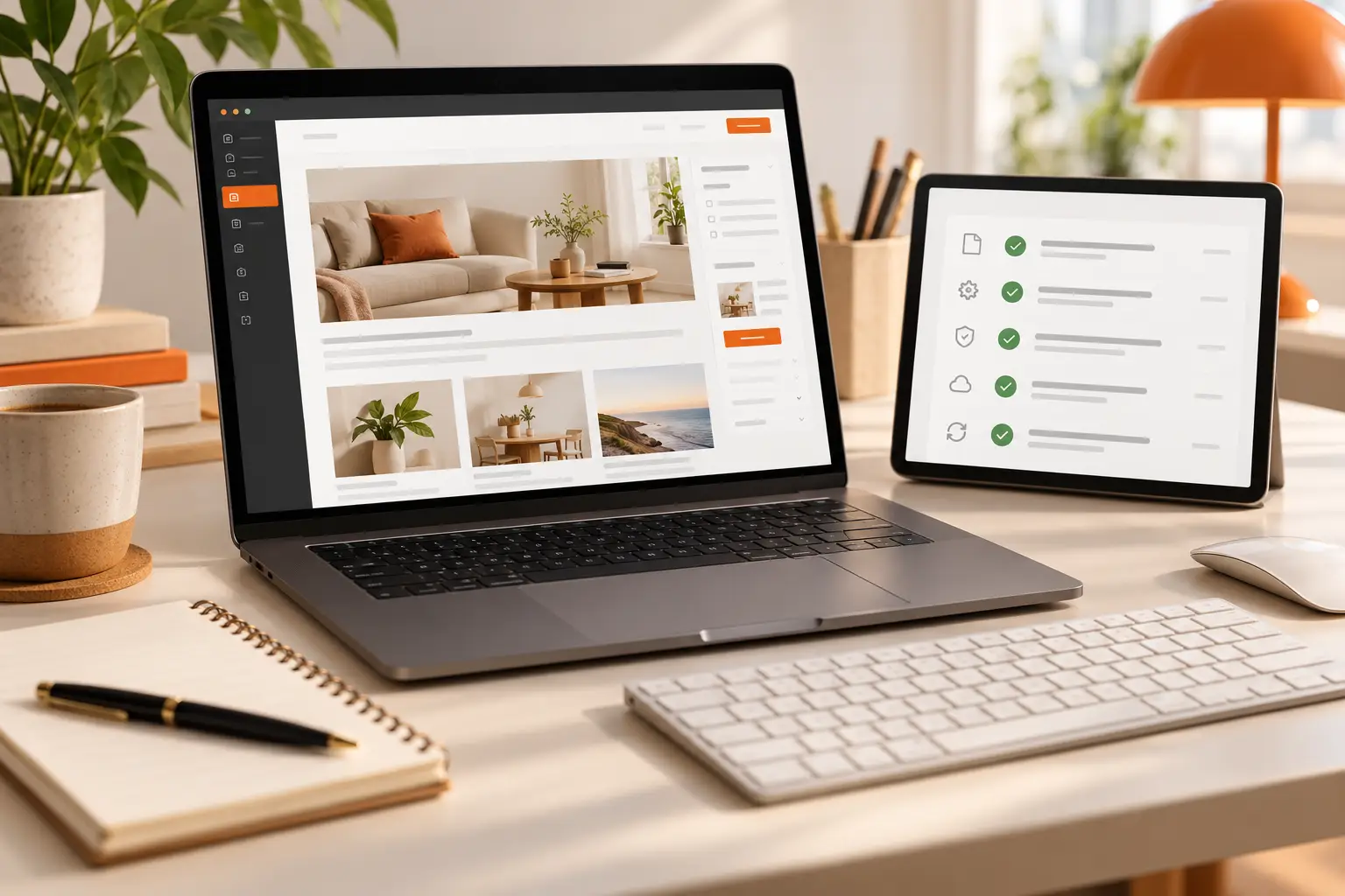 Website content editor alongside a maintenance checklist