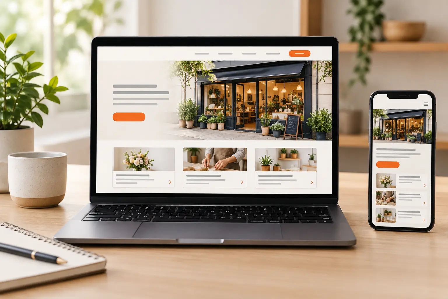 Small business website concept displayed on laptop and smartphone