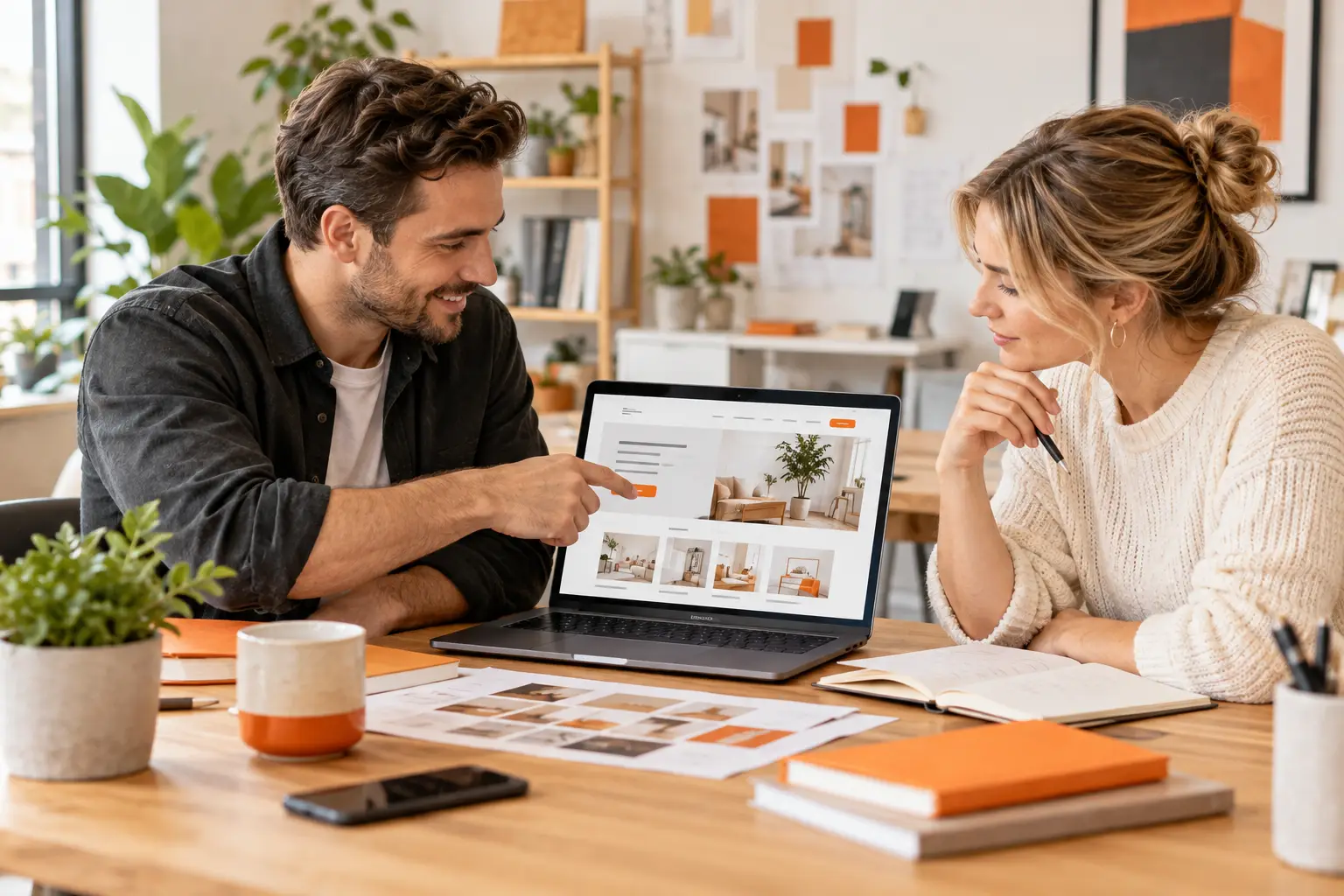 Two people discussing website layouts on a laptop with planning notes on the desk.